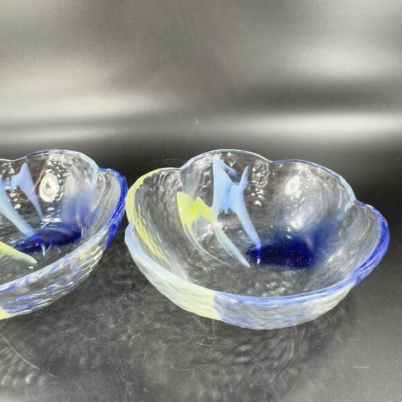 Vintage Aderia Glass Bowl Set 2 Made In Japan Clear Blue Yellow Swirls Ruffled - Picture 10 of 16
